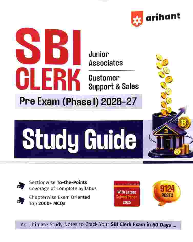 SBI Clerk Pre Exam (Phase I) Exam 2026-27 Study Guide | Junior Associates, Customer Support & Sales| 2000+ MCQs | Latest Solved Paper 2025 By Arihant